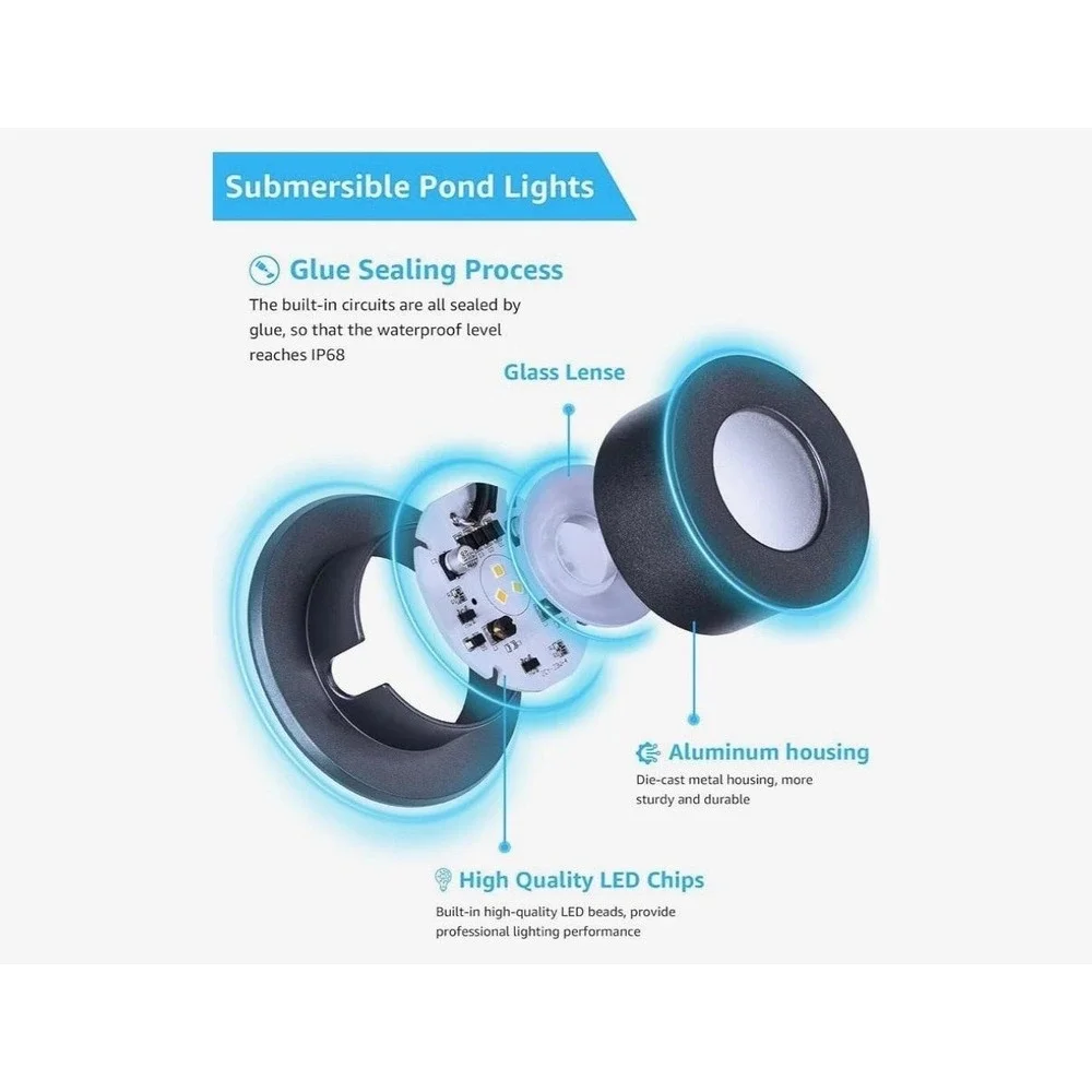 SUNVIE 3W IP68 Underwater Pond Lights LED 12-24V Warm White Outdoor 4 Pack Black